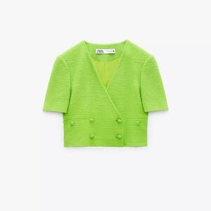 ZARA Lime Green Tweed Cropped Short Sleeve Blazer